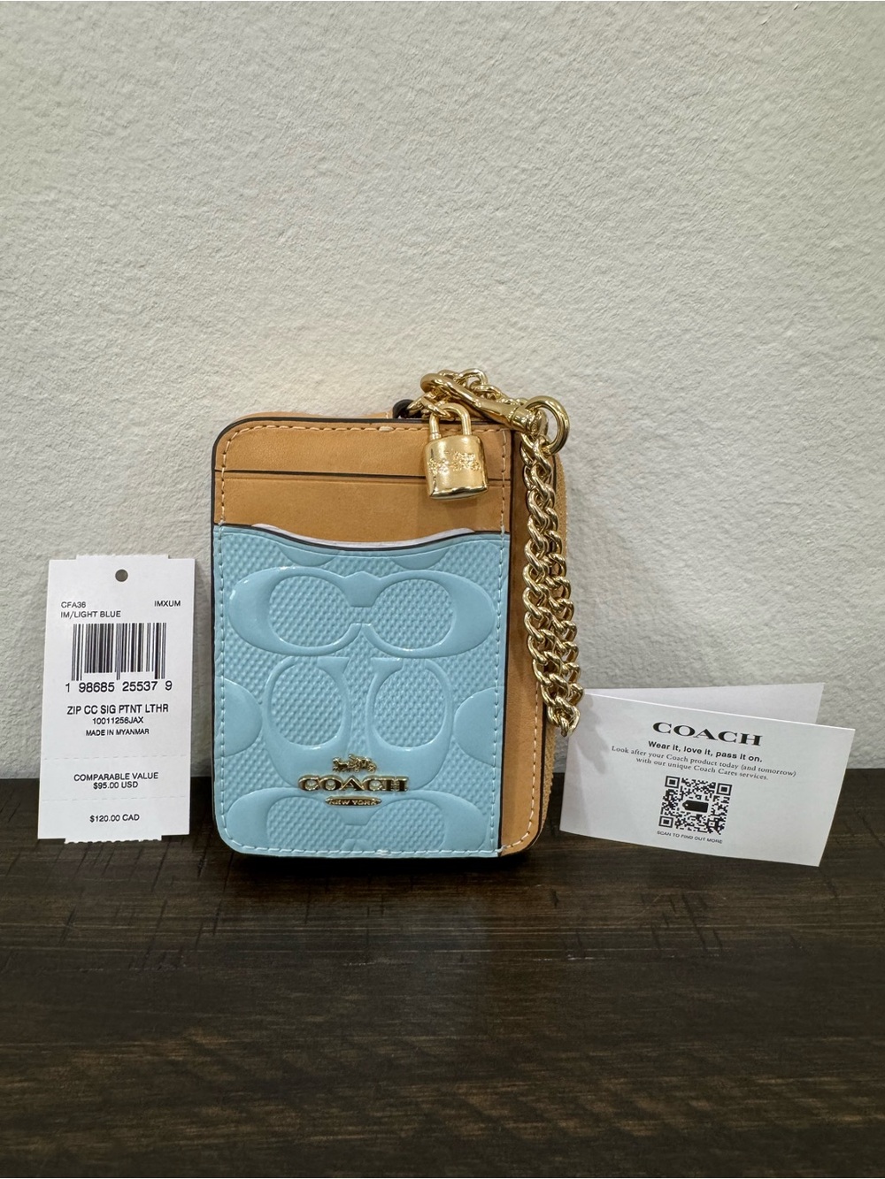 Coach Light Blue and Tan Zip Card Case with Gold Chain - Picture 2 of 4